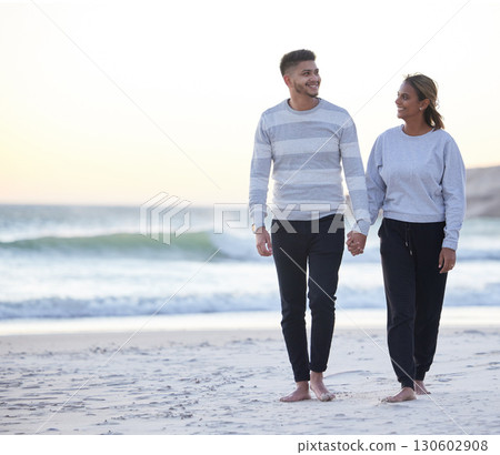 Love, relax and holding hands with couple at beach for travel, happy and bonding with mockup. Vacation, support and romance with man and woman walking at sunset for happiness, holiday or weekend trip 130602908