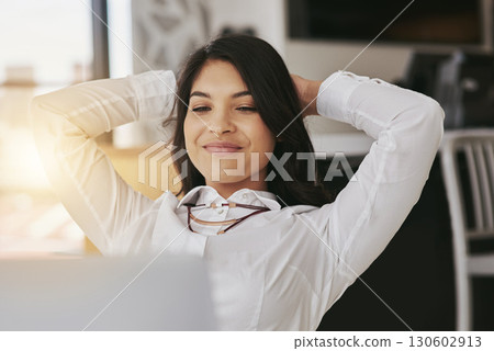 Happy, rest and business woman with laptop in office complete, done and finished with online project. Productivity, relax and female entrepreneur smile for working on computer, typing email or task Happy, rest and business woman with laptop in office complete, done and finished with online project. Productivity, relax and female entrepreneur smile for working on computer, typing email or task 130602913
