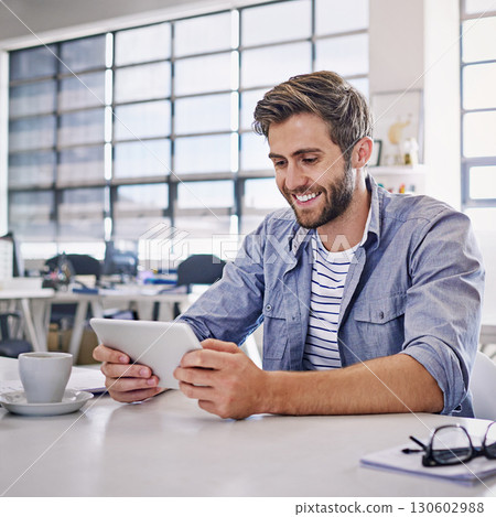 Office tablet, happy and person watch company advertising video, social media data or customer experience insight. Brand monitoring software, online app research or man reading positive web analytics 130602988