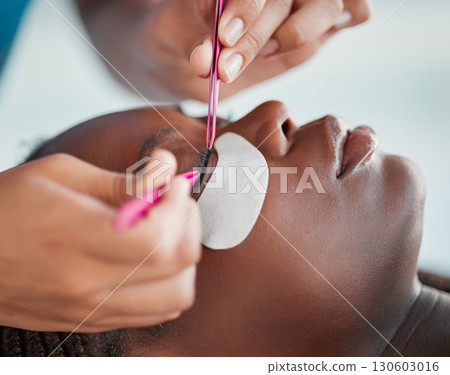 Makeup, eyelash extensions and salon with black woman for self care, beauty and cosmetology. Relax, wellness and cosmetics with girl customer and lashes technician for treatment, beautician and spa 130603016