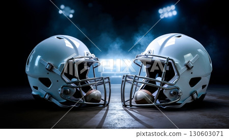 A pair of football helmets sitting next to each other on a field 130603071