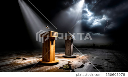 Two wooden podiums in the middle of a dark stormy sky with lightning coming out of them 130603076