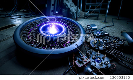 A close up of a large metal object with a blue light on it A close up of a large metal object with a blue light on it 130603150