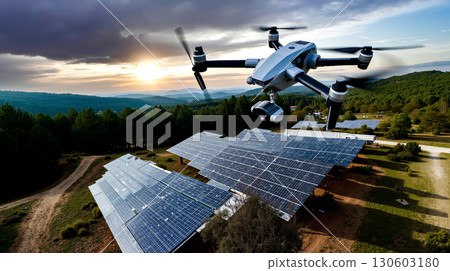 A drone flying over a solar farm with solar panels 130603180