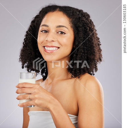 Coconut milk, health and portrait of happy black woman with wellness drink for skincare. Calcium nutrition, collagen and eco friendly smoothie of a model with smile from detox product with studio 130603185