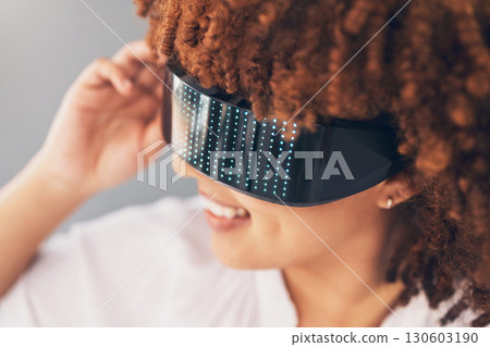 Futuristic vision, glasses and black woman isolated on gray background metaverse, cyberpunk and virtual reality. VR sunglasses, digital fashion and ai high tech of gen z model or person future gaming 130603190