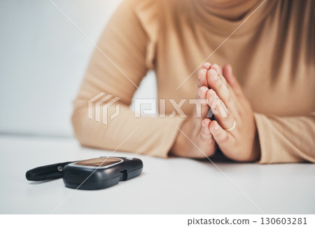 Diabetes, praying and equipment with hands of woman for medical, illness and blood test. Healthcare, medicine and technology with patient and machine for insulin exam, glucometer and monitor 130603281
