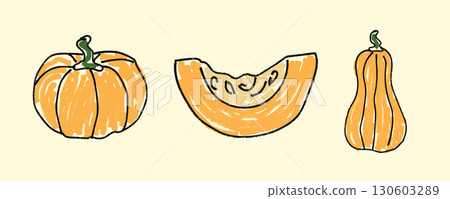 Whimsical hand drawn pumpkin in doodle sketch style with crayon texture. Autumn harvest, Thanksgiving food, and rustic seasonal decoration. Flat vector illustration isolated on background. 130603289