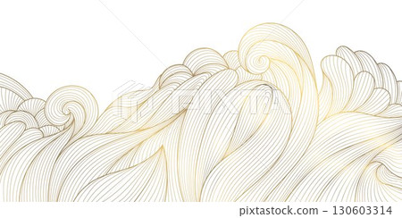 Elegant vector illustration in oriental style with golden waves, abstract lines, and geometric ornaments, minimalist and luxury. The Japanese, Chinese inspired background with ocean, sea, river. Elegant vector illustration in oriental style with golden waves, abstract lines, and geometric ornaments, minimalist and luxury. The Japanese, Chinese inspired background with ocean, sea, river. 130603314