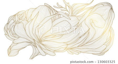 Vector luxurious gold floral vector illustration featuring elegant line art of leaves and blossoms, perfect for vintage inspired wedding cards, botanical wallpapers, or modern spring themed designs. 130603325