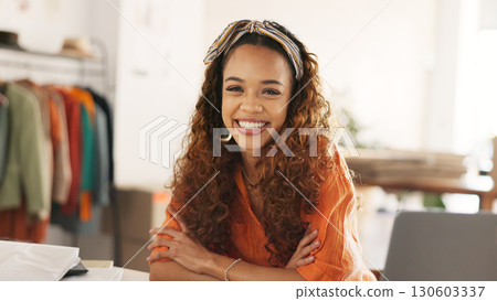 Ecommerce, fashion and designer at desk, startup girl boss with smile on face and clothing store. Small business success, work from home and young black woman with vision for online shopping company. 130603337