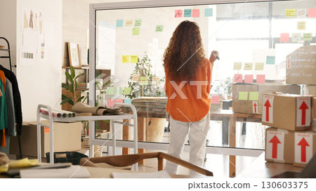 Planning, logistics and shipping with a black woman delivery worker writing on a glass board in her office. Marketing, supply chain and ecommerce with a female employee at work on stock strategy Planning, logistics and shipping with a black woman delivery worker writing on a glass board in her office. Marketing, supply chain and ecommerce with a female employee at work on stock strategy 130603375