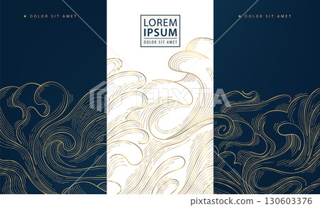 Vector set of golden wave wine package. Luxury jewelry, cosmetic, beauty product label design. Fancy sea, ocean japanese cards, vintage banners. Vector set of golden wave wine package. Luxury jewelry, cosmetic, beauty product label design. Fancy sea, ocean japanese cards, vintage banners. 130603376
