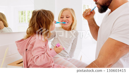 Dental, family and kids with father in bathroom for learning, child development or teeth whitening at home. Oral health, kids and parent with toothbrush for teaching with love, care or daily routine Dental, family and kids with father in bathroom for learning, child development or teeth whitening at home. Oral health, kids and parent with toothbrush for teaching with love, care or daily routine 130603415