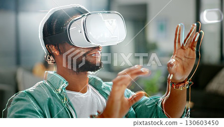 Virtual reality, vr metaverse and black man work on cyber dashboard, augmented reality or ai software. Digital transformation, future headset and creative graphic designer with futuristic simulation Virtual reality, vr metaverse and black man work on cyber dashboard, augmented reality or ai software. Digital transformation, future headset and creative graphic designer with futuristic simulation 130603450