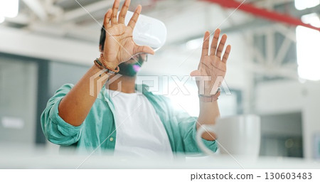 Virtual reality, metaverse and man with developer headset for futuristic, digital transformation or ai data. Work, vr design and development of future simulation and innovation for user experience 130603483