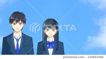 An expansive blue sky, anime-style illustration of high school or junior high school boys and girls, blank space on the right 130603486