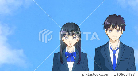 An expansive blue sky, anime-style illustration of high school or junior high school boys and girls, blank space on the left 130603488