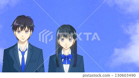 廣闊的藍天,高中或初中男孩和女孩的動漫風格插圖,右側有空白 廣闊的藍天,高中或初中男孩和女孩的動漫風格插圖,右側有空白 130603490