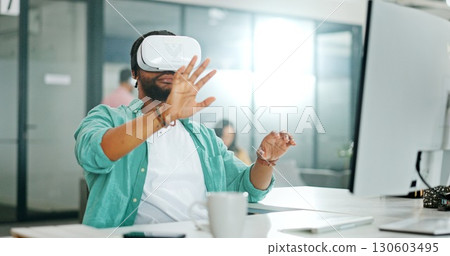 Business man, VR or futuristic glasses for office software, digital vision and user experience on 3d system. Virtual reality, high tech and electronics of employee or graphic designer in metaverse Business man, VR or futuristic glasses for office software, digital vision and user experience on 3d system. Virtual reality, high tech and electronics of employee or graphic designer in metaverse 130603495