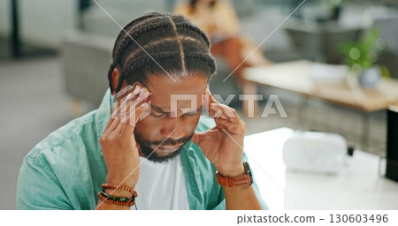 Headache, tired and burnout businessman with pain, working on laptop in office with stress and anxiety. Fatigue, depression and mental health risk of a black man or employee while frustrated or angry Headache, tired and burnout businessman with pain, working on laptop in office with stress and anxiety. Fatigue, depression and mental health risk of a black man or employee while frustrated or angry 130603496