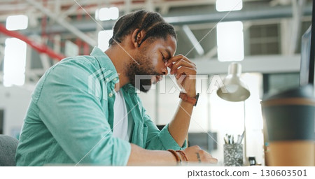 Stress, burnout and headache with black man at computer for 404 glitch, exhausted and fatigue. Anxiety, tired and mental health with person in office for frustrated, mistake and website problem Stress, burnout and headache with black man at computer for 404 glitch, exhausted and fatigue. Anxiety, tired and mental health with person in office for frustrated, mistake and website problem 130603501