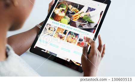 Social media, food and tablet blog by woman influencer on digital app with web design and layout. Health, diet and female nutritionist with wellness, healthy tips or vegan trends online on a website 130603513