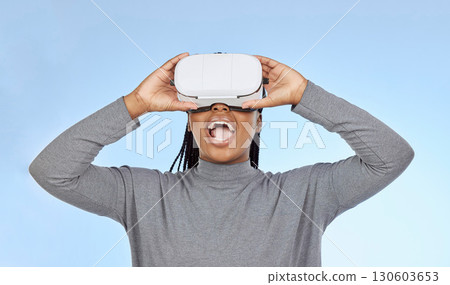 Vr, gaming and wow with black woman and metaverse for future, cyber and 3d system. Media, ui and web technology with girl gamer and headset for internet, augmented reality and data analytics graphics 130603653