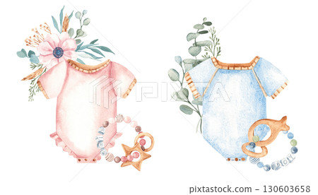 Baby Boy and Girl, Twins compositions Set in eco style. Bodysuit, Teething ring and floral bouquet. Watercolor hand painted cute kid clothes on a white background. For baby shower, gender reveal party Baby Boy and Girl, Twins compositions Set in eco style. Bodysuit, Teething ring and floral bouquet. Watercolor hand painted cute kid clothes on a white background. For baby shower, gender reveal party 130603658