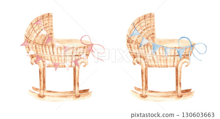 Watercolor Baby cradle Set for a Girl and a Boy from rattan with Bunting Party blue and pink Flags, Garland in Vintage style isolated on a white background. Children's eco accessory for newborn Watercolor Baby cradle Set for a Girl and a Boy from rattan with Bunting Party blue and pink Flags, Garland in Vintage style isolated on a white background. Children's eco accessory for newborn 130603663