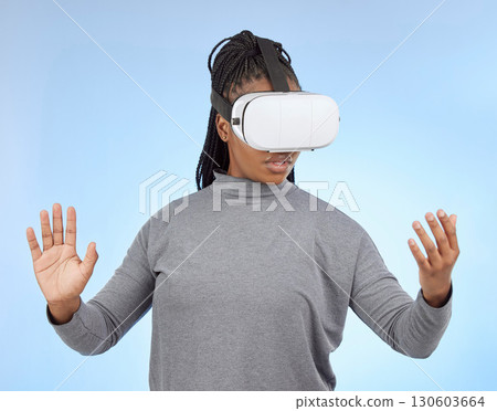 Vr, gaming and wow with black woman and metaverse for future, cyber and 3d system. Media, ui and web technology with girl gamer and headset for internet, augmented reality and data analytics graphics Vr, gaming and wow with black woman and metaverse for future, cyber and 3d system. Media, ui and web technology with girl gamer and headset for internet, augmented reality and data analytics graphics 130603664