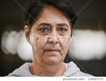 Serious, fitness and portrait of old woman at gym for health, exercise and sweating. Workout, wellness and sad with face of senior lady for training, tired and exhausted in sports club center 130603731