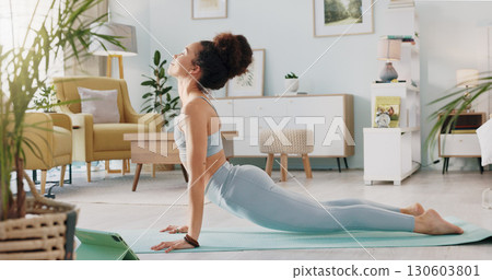 Fitness, yoga or woman stretching in workout or exercise in home living room to relax, focus and mindset of wellness. Breathing, training or person with spiritual zen in pilates for health or body Fitness, yoga or woman stretching in workout or exercise in home living room to relax, focus and mindset of wellness. Breathing, training or person with spiritual zen in pilates for health or body 130603801
