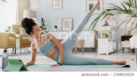 Happy woman, yoga and stretching body in zen exercise, workout or meditation on living room floor at home. Female person or yogi in fitness training, spiritual wellness or body health on mat in house Happy woman, yoga and stretching body in zen exercise, workout or meditation on living room floor at home. Female person or yogi in fitness training, spiritual wellness or body health on mat in house 130603829