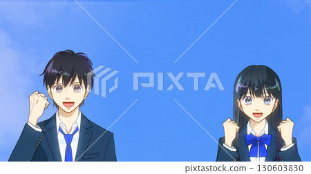 一幅動漫風格的插圖,描繪了高中或初中男孩和女孩在廣闊的藍天下握拳的姿勢 一幅動漫風格的插圖,描繪了高中或初中男孩和女孩在廣闊的藍天下握拳的姿勢 130603830