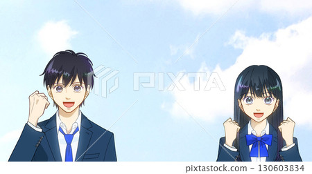 一幅動漫風格的插圖,描繪了高中或初中男孩和女孩在廣闊的藍天下握拳的姿勢 一幅動漫風格的插圖,描繪了高中或初中男孩和女孩在廣闊的藍天下握拳的姿勢 130603834
