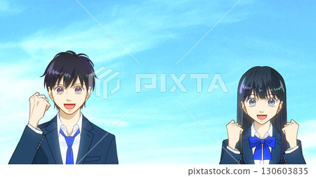 An anime-style illustration of a high school or junior high school boy and girl posing in a fist pump against a wide blue sky An anime-style illustration of a high school or junior high school boy and girl posing in a fist pump against a wide blue sky 130603835