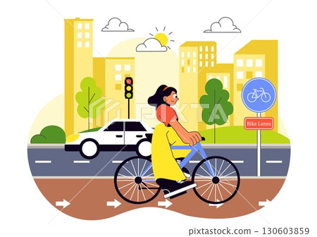 Urban Cycling Vector Illustration featuring People Engaged in Outdoor Leisure Activities, Riding Bicycles with Helmets on a Road Track in a Background Urban Cycling Vector Illustration featuring People Engaged in Outdoor Leisure Activities, Riding Bicycles with Helmets on a Road Track in a Background 130603859