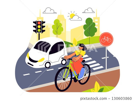 Urban Cycling Vector Illustration featuring People Engaged in Outdoor Leisure Activities, Riding Bicycles with Helmets on a Road Track in a Background Urban Cycling Vector Illustration featuring People Engaged in Outdoor Leisure Activities, Riding Bicycles with Helmets on a Road Track in a Background 130603860