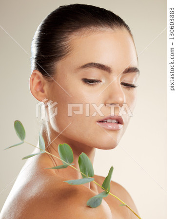 Skincare, woman and beauty with natural plant on skin for green dermatology for cosmetic product. Glow on face of aesthetic model in studio for sustainable cosmetics or makeup for health and wellness Skincare, woman and beauty with natural plant on skin for green dermatology for cosmetic product. Glow on face of aesthetic model in studio for sustainable cosmetics or makeup for health and wellness 130603883