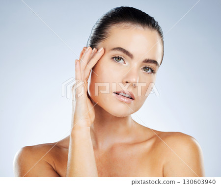 Skincare, makeup and face of woman isolated in white background in natural cosmetics, young glow and beauty. Brazilian model or person portrait for dermatology results, facial and aesthetic in studio 130603940