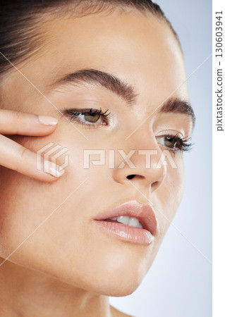 Beauty, face skincare or relax woman with natural makeup, facial healthcare glow and spa salon wellness. Dermatology, health or aesthetic model with cosmetics, microblading or plastic surgery results 130603941