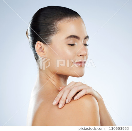 Face, woman and eyes closed with skin, content with skincare and beauty facial isolated on studio background. Cosmetic care, manicure and glow, dermatology wellness with natural cosmetics mockup Face, woman and eyes closed with skin, content with skincare and beauty facial isolated on studio background. Cosmetic care, manicure and glow, dermatology wellness with natural cosmetics mockup 130603963