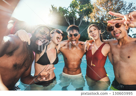 Selfie, friends and peace sign at pool party having fun on new year. Swimming celebration, water event or group portrait of people with hand gesture, tongue out or taking social media photo in summer 130603995