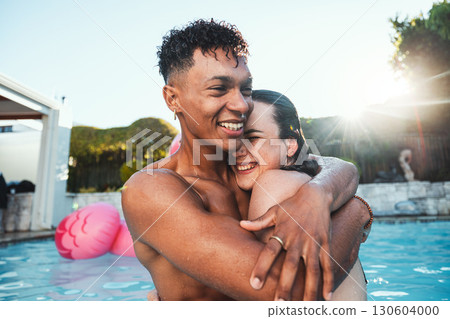 Love, pool party and couple hug, having fun and bonding together. Swimming, romance diversity and happy man and woman hugging, cuddle or laugh at funny joke in water at summer event or celebration. 130604000
