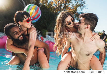Summer, piggyback and couple of friends in pool for vacation fun and togetherness in the sunshine. Gen z, youth and young people bond, laugh and smile in swimsuit on holiday resort break. 130604048