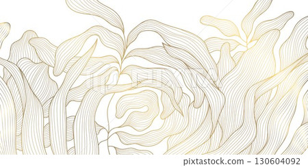 Elegant vector illustration, golden floral patterns, abstract leaves, geometric ornaments, modern yet vintage botanical design. The background is perfect for premium wallpapers, cards, banners, print. 130604092