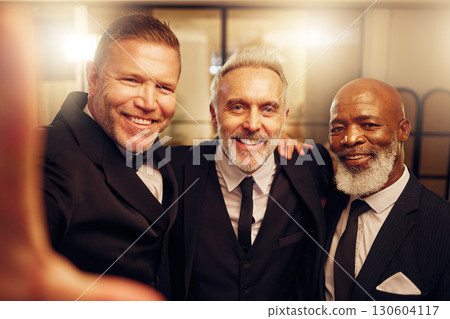 Photography, selfie or senior men in a party to celebrate goals or new year at luxury social event. Group, screen or friends smile in pictures for social media at fun dinner gala or happy birthday 130604117