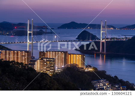 Nagasaki Prefecture: Night view of Megami Bridge in Nagasaki City and Mount Nabekanmuri 130604121