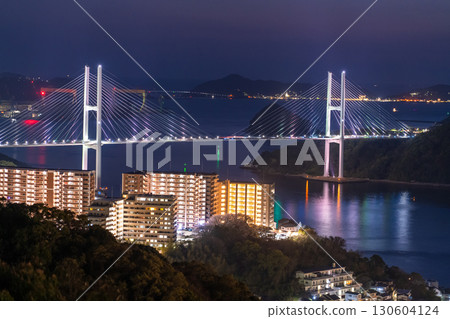 Nagasaki Prefecture: Night view of Megami Bridge in Nagasaki City and Mount Nabekanmuri Nagasaki Prefecture: Night view of Megami Bridge in Nagasaki City and Mount Nabekanmuri 130604124